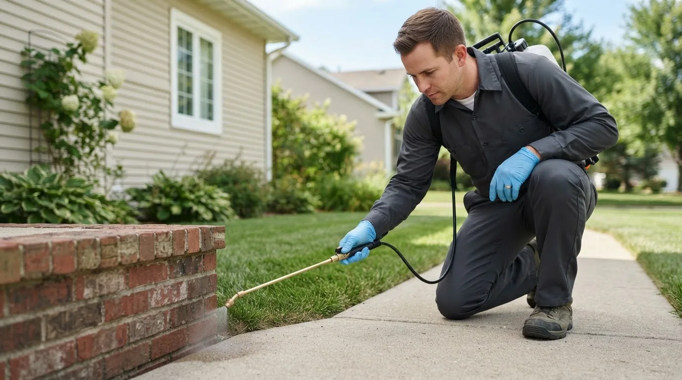 Pest control technician treating a home near Menomonee Falls, WI